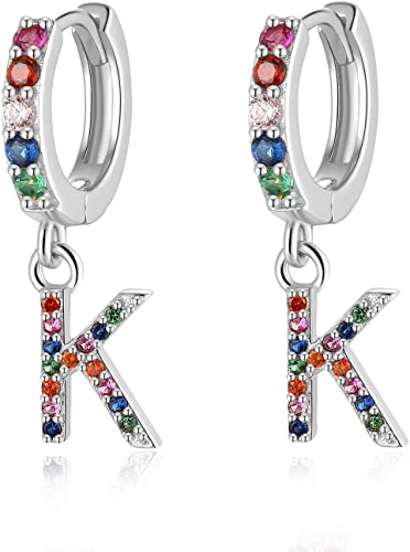 Presentski Initial Earrings 925 Sterling Silver Colorful Huggie Small Hoop Earrings Rainbow CZ Drop Dangle Simple Alphabet Earrings S925 Hypoallergenic Earring Letter A-Z for Girls Teens Women