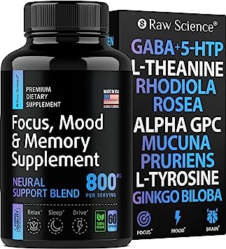 5-HTP Focus & Memory Supplement: Nootropic Brain Support with Alpha GPC, L-Tryptophan 100mg, Griffonia Simplicifolia, Mucuna Puriens Extract, L Tyrosine, Ginkgo Biloba for Men & Women, 60 Capsules