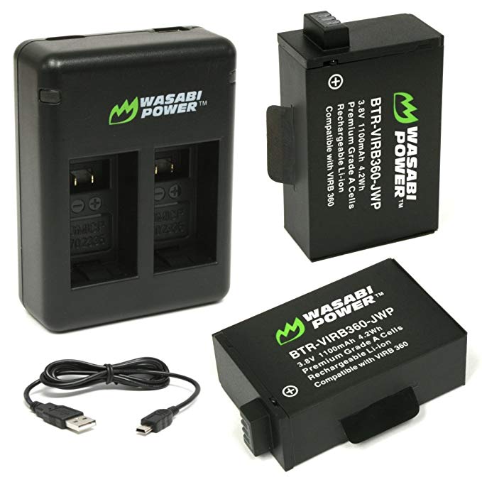 Wasabi Power Battery (2-Pack) and Dual USB Charger for Garmin VIRB 360 and Garmin 010-12521-10
