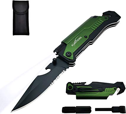 ALBATROSS Best 6-in-1 Survival Tactical Folding Pocket Knife with LED Light, Seatbelt Cutter, Glass Breaker, Magnesium Fire Starter, Bottle Opener; Multi-Function Emergency Tool