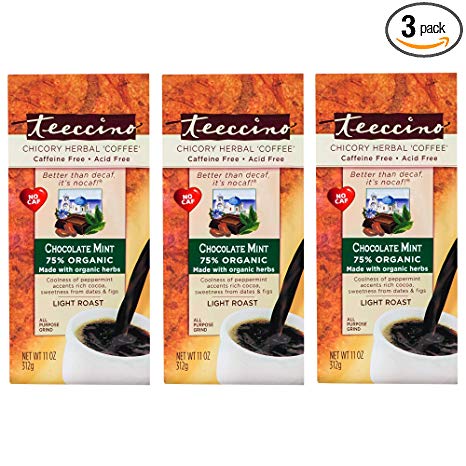 Teeccino Chocolate Mint Chicory Herbal Coffee Alternative, Caffeine Free, Acid Free, Coffee Substitute, Prebiotic, 11 Ounce (Pack of 3)