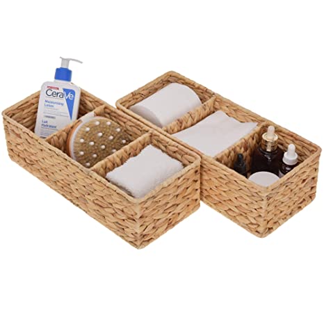 StorageWorks 3-Section Wicker Baskets for Shelves, Hand-Woven Water Hyacinth Storage Baskets, 14.4" x 6.1" x 4.3", 2-Pack