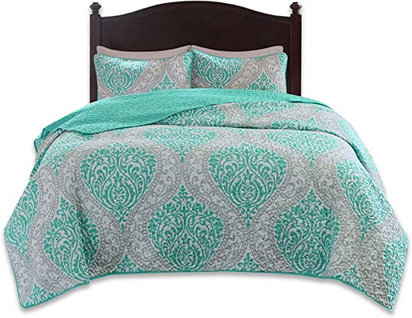 Comfort Spaces Coco 2 Piece Quilt Coverlet Bedspread Ultra Soft Printed Damask Pattern Hypoallergenic Bedding Set, Twin/Twin XL, Teal - Grey