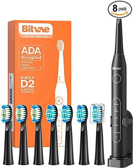 Bitvae D2 Ultrasonic Electric Toothbrush for Adults and Kids, Electric Toothbrush with Rechargeable Power, 8 Toothbrush Heads and 5 Modes, Black