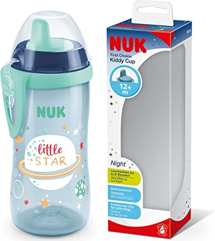 NUK Kiddy Cup Night Toddler Cup | 12  Months | 300 ml | Leak-Proof Toughened Spout | Glow in The Dark | Clip & Protective Cap | BPA-Free | Blue