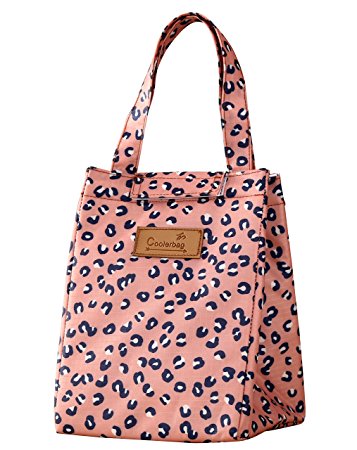 WOOSAL Pink Leopard Portable Cooler Bag Fold-over Insulated Lunch Bag with Handle and Velcro Closure, Reusable School Lunch Box Travel Tote