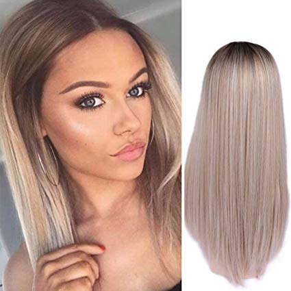 Lady Miranda Ombre Wig Brown To Ash Blonde Silky Straight High Density Heat Resistant Synthetic Hair Weave Full Wigs For Women (24"T-brown)