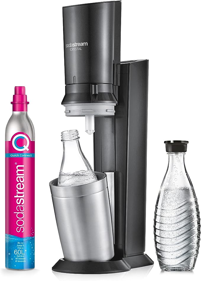 SodaStream Crystal 3.0 Wassersprudler mit 1x Quick-Connect CO2-Zylinder und 2X Glaskaraffen, Silber, Schwarz, Titan, 45 cm