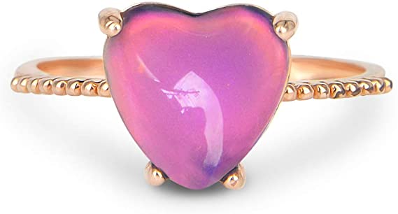 Fun Jewels Minimalist Rose Gold Heart Mood Ring Crystal Color Change Stone Size Adjustable for Women Girls