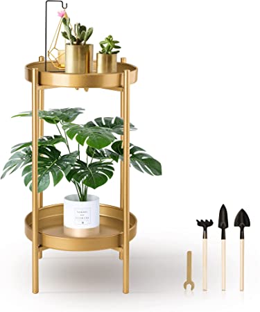 Amasava Plant Stand for Indoor Plants 2-Tiered Tall Plant Stand Metal Plant Shelf Indoor 20 inches Plant Holder with 2 Removable Pot Plate Planter Display for Indoor Outdoor Home Decoration (Golden)