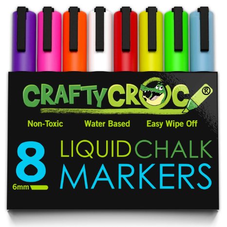 Crafty Croc Liquid Chalk Markers, 8 Pack Bright Neon Colored Paint Pens with Reversible Nib on Each Pen