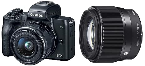 Canon EOS M50 24.1MP Mirrorless Camera (Black) with EF-M 15-45 is STM Lens   Sigma 56mm f/1.4 DC DN Contemporary Lens