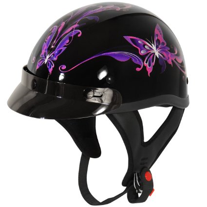 Outlaw T-70 Purple Butterfly Glossy Motorcycle Half Helmet - Large