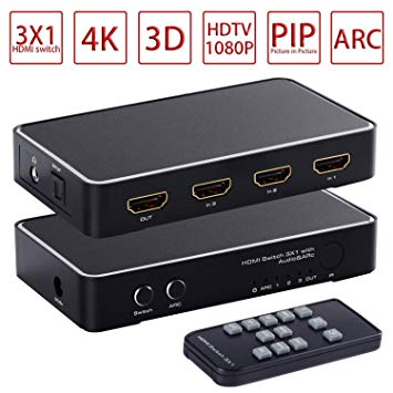 HDMI Switch 4K,AOKEN 3 Port 3 x 1 HDMI Switcher with PIP IR Remote,Supports 4K,1080p 3D,SPDIF & Toslink Audio ARC and Stereo Audio Extractor for Xbox,Blu-ray Player, Roku, PS3/4,TV Stick.