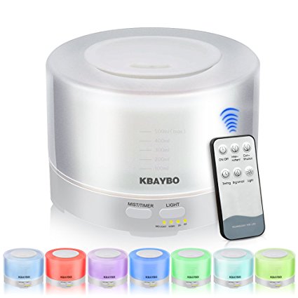 KBAYBO 500ml Aromatherapy Essential Oil Diffuser Aroma Humidifier with 3 Timer Settings, 7 LED Color Changing Lamps and Waterless Auto Shut-off