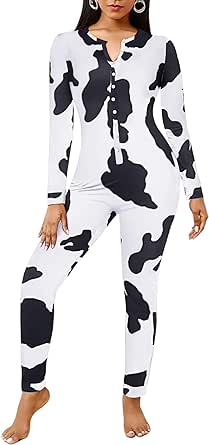 Ekouaer Womens Onesie Adult Button One Piece Pajama Long Sleeve Onesie Pajamas Jumpsuit Sleepwear for Women