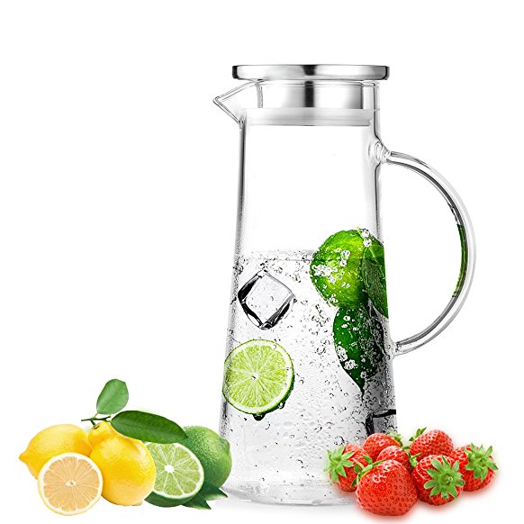WEIJU FMGYBL045 1.5L Glass Water Pitcher, Ice Cold Juice Carafe with Stainless Steel Lid and Infuser, Borosilicate Glass Jug Kettle for Red Wine,Wine,Juice,Milk,Ice Cold Water,Hot Coffee,ect