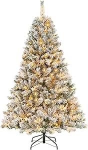 Goplus 3-Minute-Setup Pre-Lit Snow Flocked Christmas Tree, 6ft Artificial Hinged Xmas Tree with 300 Warm-White LED Lights, 644 Branch Tips, Upgraded Metal Stand, for Office Home Holiday Decor