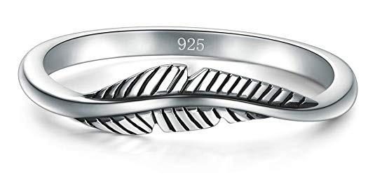 BORUO 925 Sterling Silver Ring, Feather Ring Size 4-12