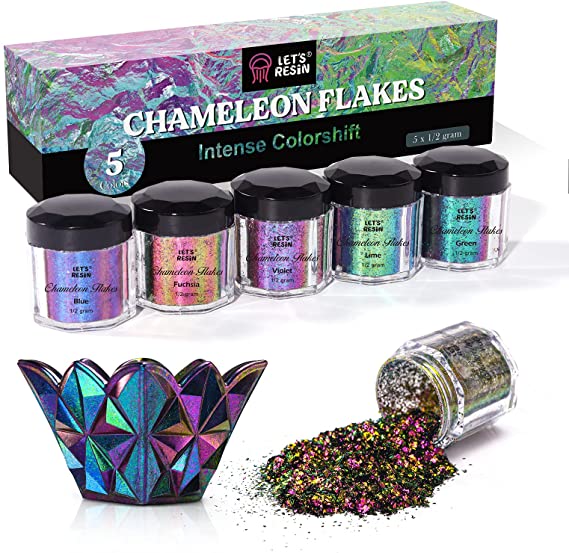 LET'S RESIN Chameleon Flakes, 5 Color Intense Colorshift Pigments Powder for Resin Crafts/Tumblers, Chrome Powder Pigment for Nail Art/Paints/Soap Making