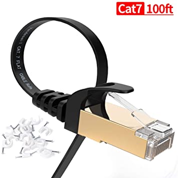 Cat 7 Ethernet Cable 100 ft Shielded, VANDESAIL Long Flat LAN Network Cable Cat7, RJ45 Internet Cord for Router, Modem, Gaming, Switch (100ft, Black-1 Pack)
