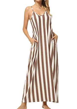 levaca Women's Summer Loose Flowy Striped Pockets Long Maxi Dress Sundress