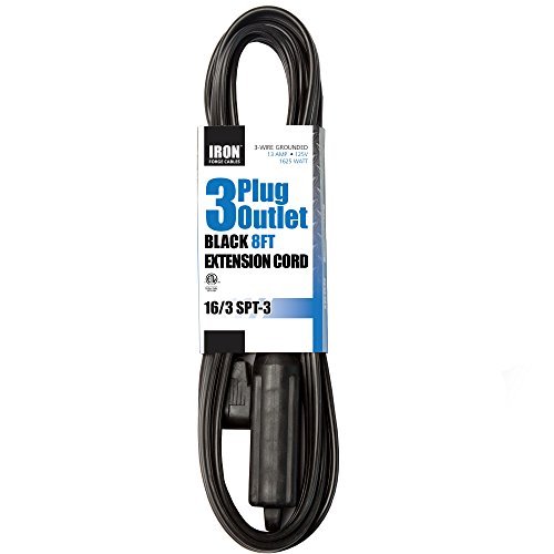 8 Ft Extension Cord with 3 Electrical Power Outlet - 16/3 Heavy Duty Black Cable