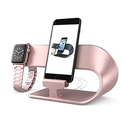 PUGO TOP Stand Compatible for Apple Watch Series 4 Series 3 Series 2 Series 1, Charging Dock (2 in 1 Metal Watch Stand -Rose Gold)