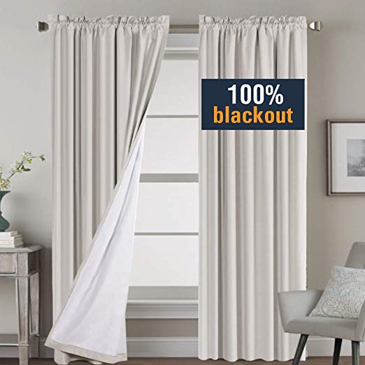 H.VERSAILTEX Window Treatment Rod Pocket 100% Blackout Curtains for Living Room 84 Inches Length, Waterproof Thermal Insulated Natural Curtains with White Backing, 2 Panels, 2 Bonus Tie-Backs