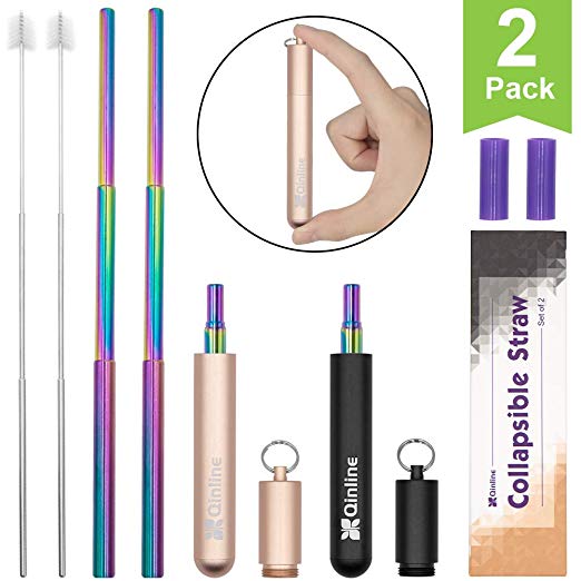 2 PCS Reusable Collapsible Straw, Portable 9.25'' Rainbow Stainless Steel Metal Straws, Telescopic Drinking Straws for 12oz/20oz/30oz Cup to Drink Water Milkshake with Keychain Rose Gold & Black Case