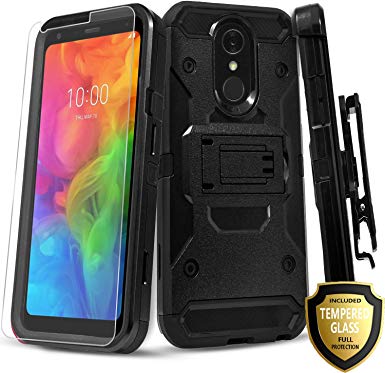 LG Stylo 4 Phone Case, LG Stylo 4 Plus   Case, With [Tempered Glass Screen Protector] Full Cover Heavy Duty Dual Layers Phone Cover with Kickstand and Locking Belt Clip Holster-Black