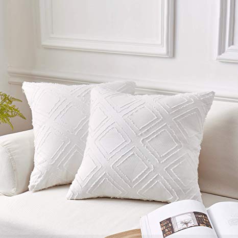 MoMA Decorative Jacquard Diamond Throw Pillow Covers (Set of 2) - Cotton Pillow Cover Sham Cushion Cover - Throw Pillow Cover - Sofa Throw Pillow Cover - Square Pillowcase - White - 18" x 18"