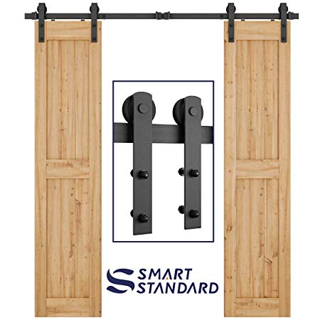 SMARTSTANDARD 6.6ft Heavy Duty Double Door Sliding Barn Door Hardware Kit-Smoothly and Quietly-Easy to Install-Includes Step-by-Step Installation Instruction Fit 20" Wide Door Panel(I Shape Hanger)