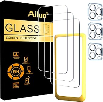 Ailun 3 Pack Screen Protector for iPhone 15 Pro [6.1 inch]   3 Pack Camera Lens Protector,Case Friendly Tempered Glass Film,[9H Hardness] - HD [6 Pack]