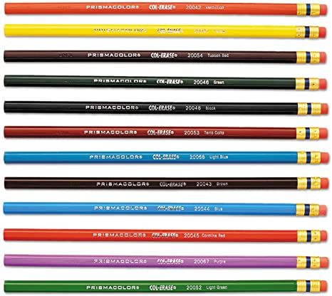 Prismacolor 20516 Col-Erase Colored Woodcase Pencils w/Eraser 12 Assorted Colors/Set