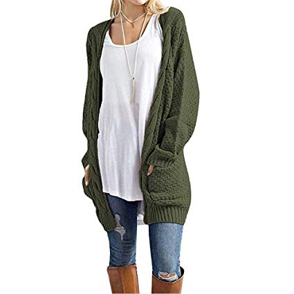 Women's Boho Open Front Chunky Cardigan Solid Long Sleeve Loose Knit Sweater Blouses with Pockets