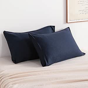 NTBAY French Linen Pillow Cases - Yarn Dyed 2 Pack 100% Linen Queen Pillowcases, Breathable and Cooling Washed Pillow Cases with Envelope Closure, 20x30 Inches, Navy Blue