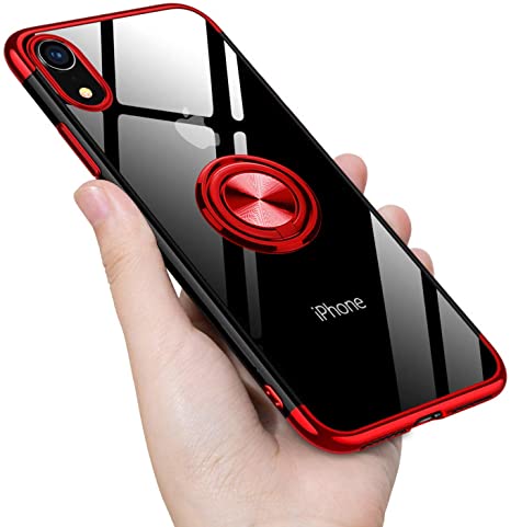 Guuboly iPhone XR Case Clear with Design, Ring Holder Kickstand, Shock-Absorption Soft Bumper Cover, Ultra Slim Thin TPU Soft Protective Cover for iPhone XR 6.1 inch - Red