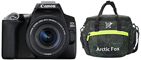 Canon EOS 200D II 24.1MP Digital SLR Camera   EF-S 18-55mm f4 is STM Lens (Black)   Arctic Fox Sling Shutter Topography Camera Bag