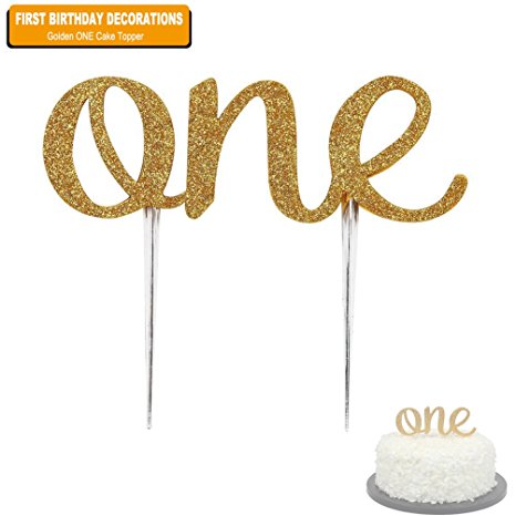 1st First Birthday Cake Topper Decoration - One - Double Sided Gold Glitter Stock