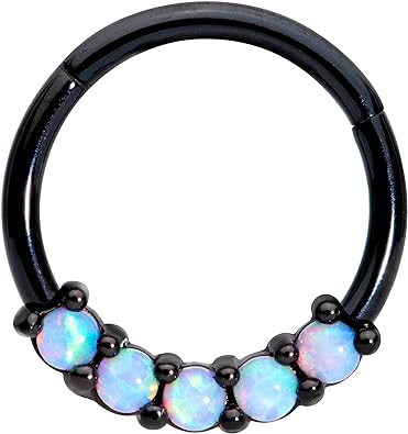 Body Candy 16G Black PVD Steel Hinged Seamless Segment Cartilage Septum White Synthetic Opal Nose Hoop 3/8"