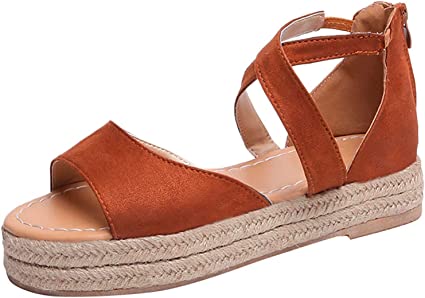 MatureGirl Flat Thick-Bottom Buckle Ankle Back Zipper Sandals,Women's Weave Platform Heel Peep Toe Cross Strappy Woven Shoes Summer