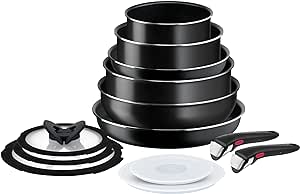 Tefal Ingenio Easy ON Töpfe & Pfannen Set, 13-teilig, stapelbar, abnehmbarer Griff, platzsparend, antihaftbeschichtet, nicht induktionsgeeignet, schwarz, L1599243