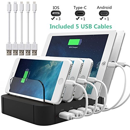 Fast Charging Station and 5 USB Lightning Cables, MOLAER 5-Port USB Charging Stand with Type C, Docking Station Organizer for iPhone, iPad, Apple, Samsung, Tablets and Android USB-Charged Devices