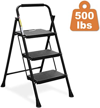 HBTower 3 Step Ladder, Folding Step Stool with Wide Anti-Slip Pedal, Sturdy Steel Ladder, Convenient Handgrip, Lightweight 500lbs Portable Steel Step Stool, Black