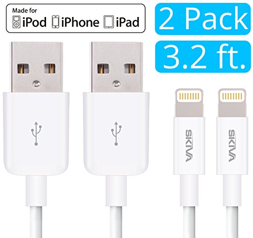 Apple MFi Certified Lightning Cables [2-Pack] - Skiva USBLink (3.2 ft / 1m) Fastest Sync and Charge 8-pin Cable for iPhone 7 6 6s Plus 5s 5c SE, iPad Pro Air mini, iPod touch nano & more [Model:CB111]