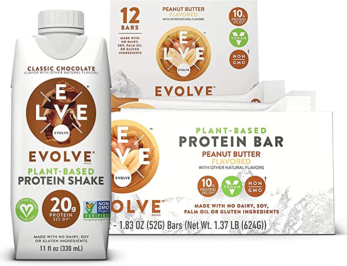 Evolve Plant-Based Bundle Pack, Peanut Butter 10g Protein Bars and 20g Protein Classic Chocolate Shake, Peanut Butter, 1.83oz Bars (12 Pack) & 11oz Cartons (12 Pack)