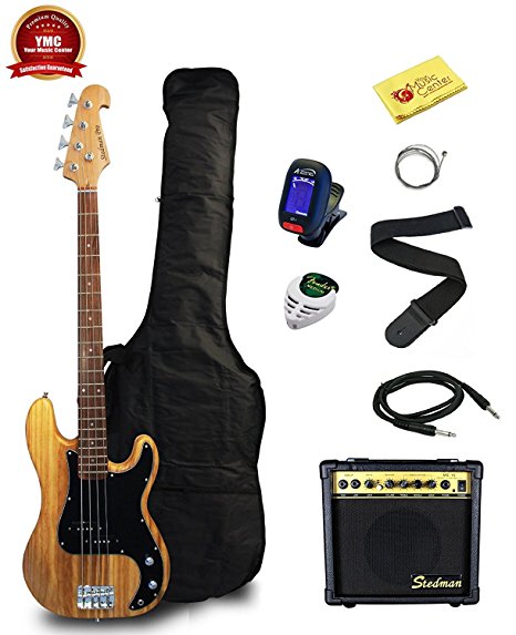 Stedman Beginner Series Bass Guitar Bundle with 15-Watt Amp, Gig Bag, Instrument Cable, Strap, Strings, Picks, and Polishing Cloth - Natural