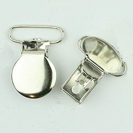 25 Round Face Metal Suspender/Mitten/Pacifier Clips with Rectangle Inserts (Silver, 1" Open Ring)