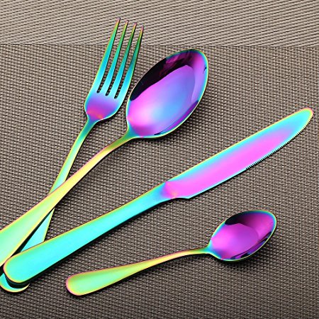 LEKOCH 4-Piece Colorful Rainbow Stainless Steel Flatware Set Including Steak Fork Spoons Knife Tableware